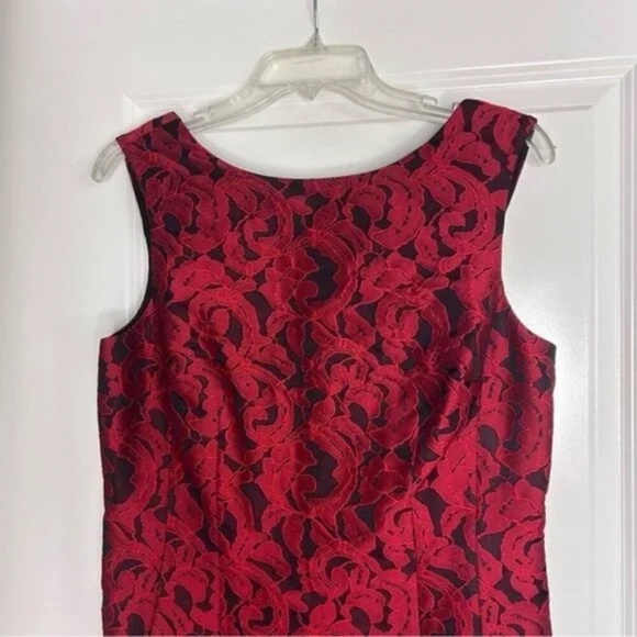 Ann Taylor Red Black Floral Jacquard Flounce Drop Waist Ruffle Hem Dress size: 8 - Picture 2 of 5